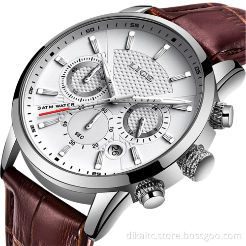 LIGE Mens Watches Top Brand Leather Chronograph Waterproof Sport Automatic Date Quartz Watch For Men Relogio Masculino